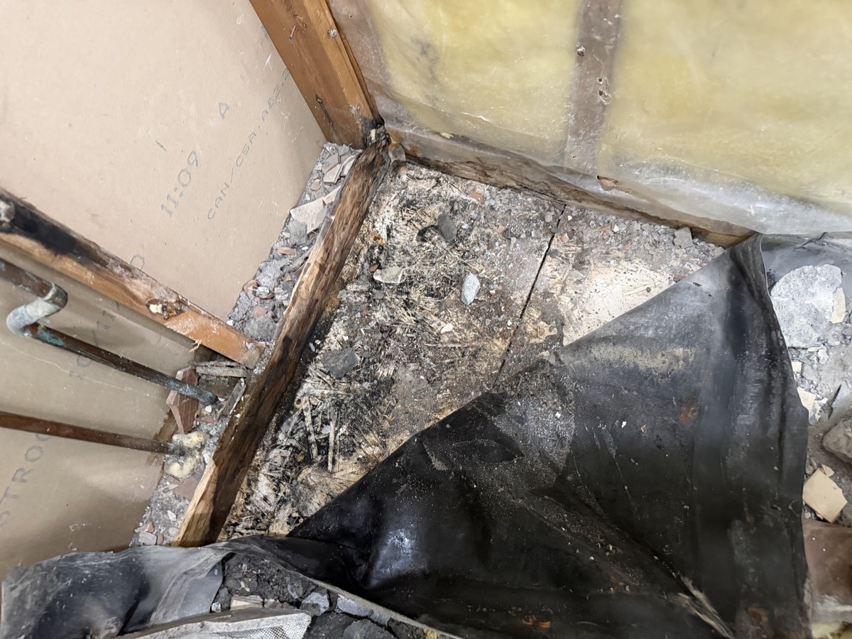 Water damage found behind an old shower wall during demolition