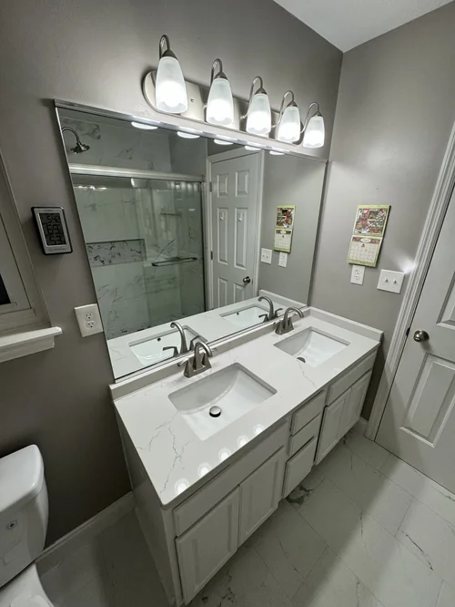 Bathroom with white marble double sink vanity, Fairfield, OH