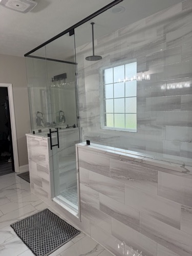 Glass shower enclosure with black hardware, Eaton, OH