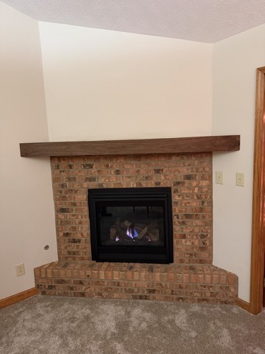Handmade walnut mantel and brick fireplace, Centerville, OH