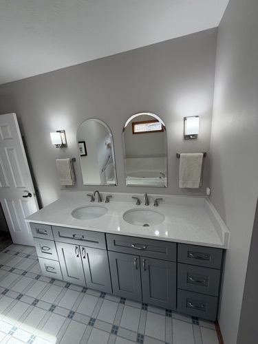 Master vanity remodel with gray double vanity and arched mirrors, Centerville, OH