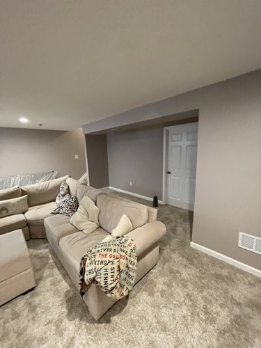 Finished basement with new carpet and recessed lighting, Mason, OH