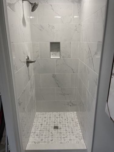 White tile walk-in shower with niche, Springboro, OH