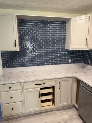 Navy glass subway tile backsplash with quartz countertop, Dayton, OH