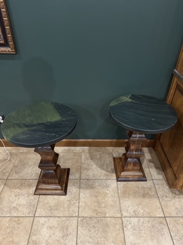 Handbuilt wood pedestal tables with granite tops, West Alexandria, OH