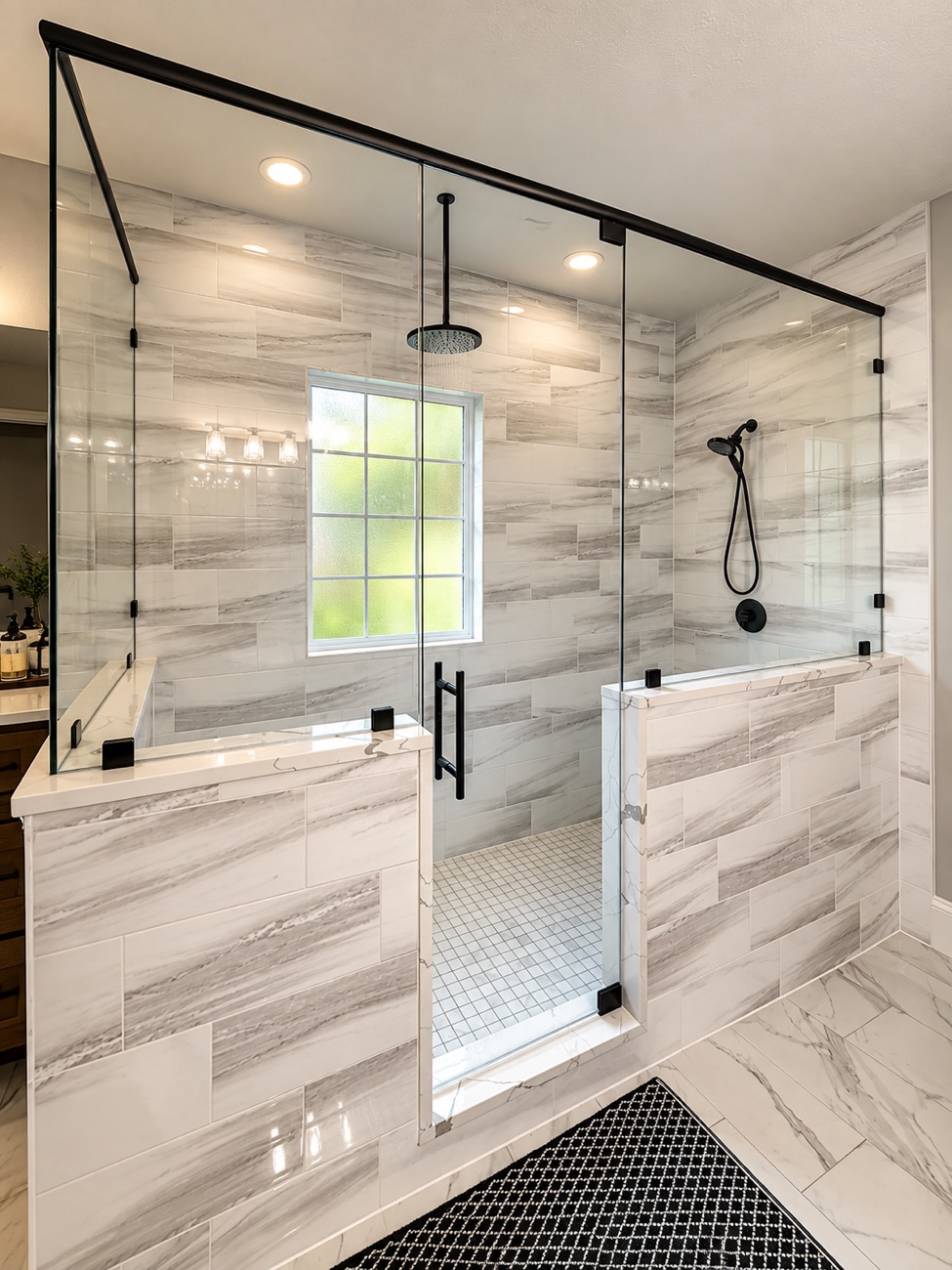 Custom walk-in tile shower with frameless glass